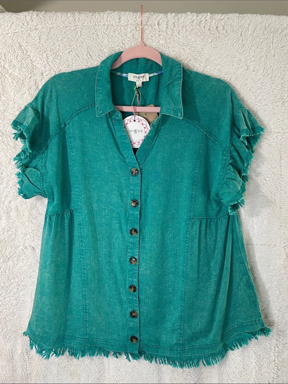 Umgee Green Button-Front Ruffle Sleeve Shirt